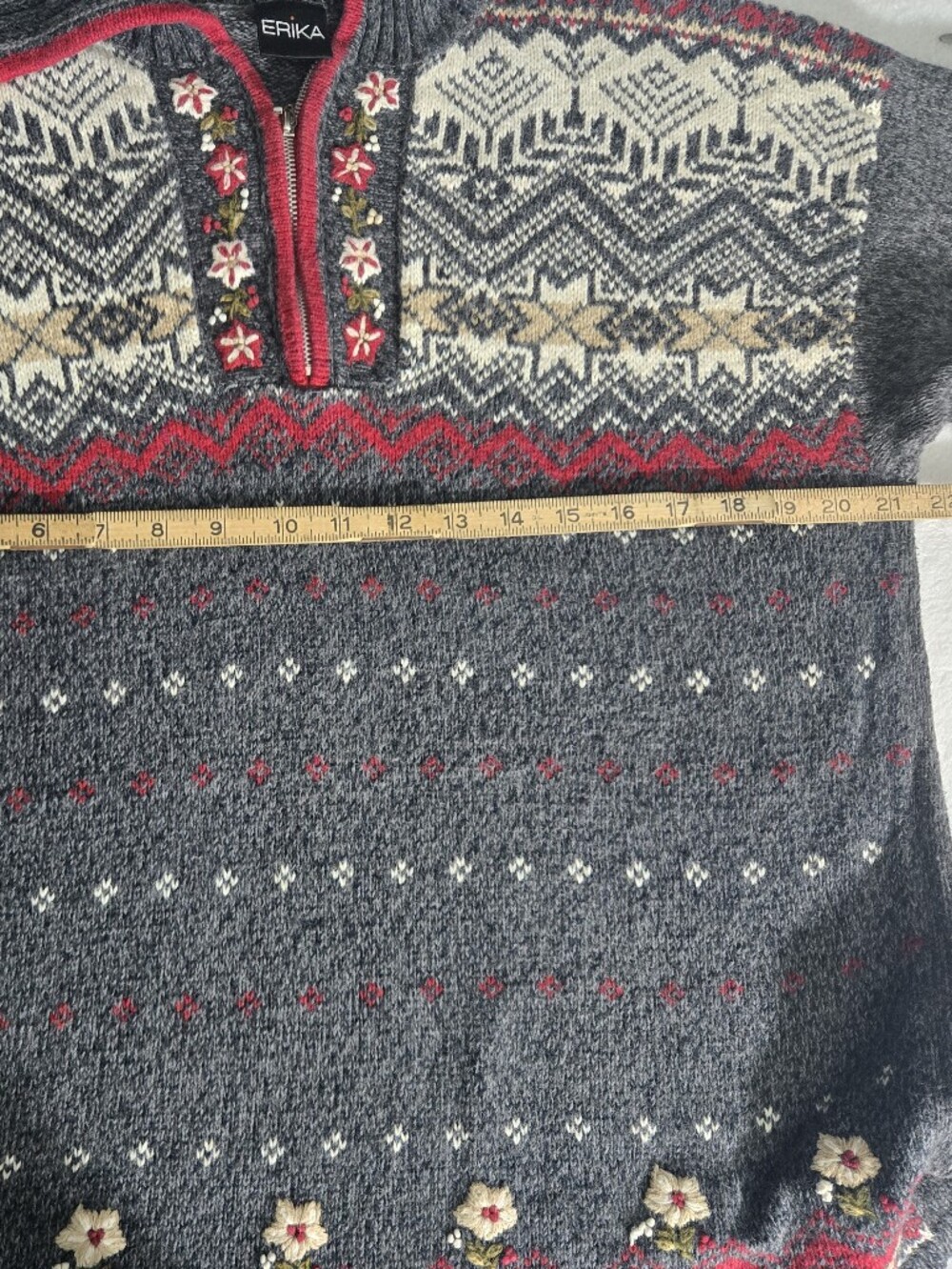 Vintage Erika Women’s Charcoal Gray Fair Isle Half-Zip Knit Sweater - Picture 7 of 8